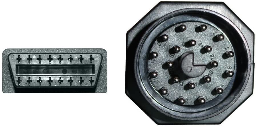 Connector faces: 16-pin OBD2 socket and BMW 20-pin round plug