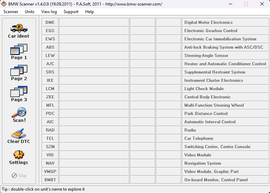 BMW PASOFT module list including SRS airbag module