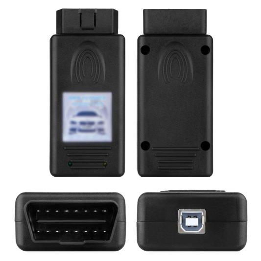 BMW PASOFT diagnostic scanner interface shown from four angles: 16-pin OBD2 connector and USB-B port to laptop